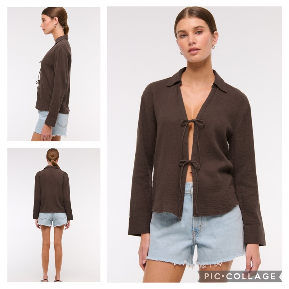 Abercrombie & Fitch Oversized Gauze Tie Front Shirt Brown Long Sleeve Top Size L - Picture 2 of 8